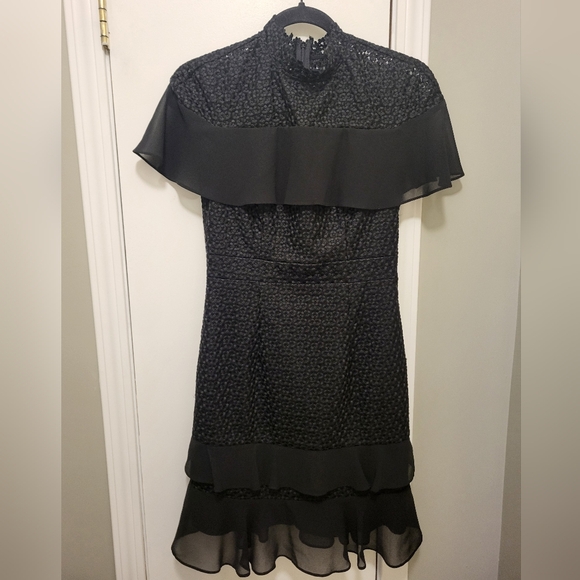 Monique Lhuillier Embroidered Floral Lace Dress Mock Neck Ruffles Black Size 2 - Picture 2 of 14